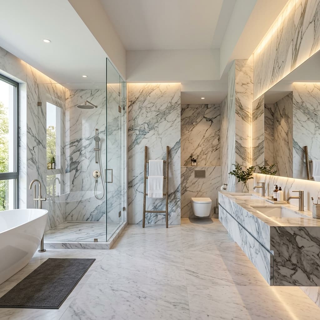Bagno rivestito in marmo bianco con venature grigie