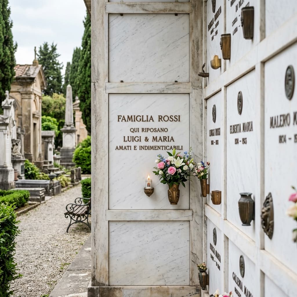 Lapide in marmo per loculo con incisioni e vaso